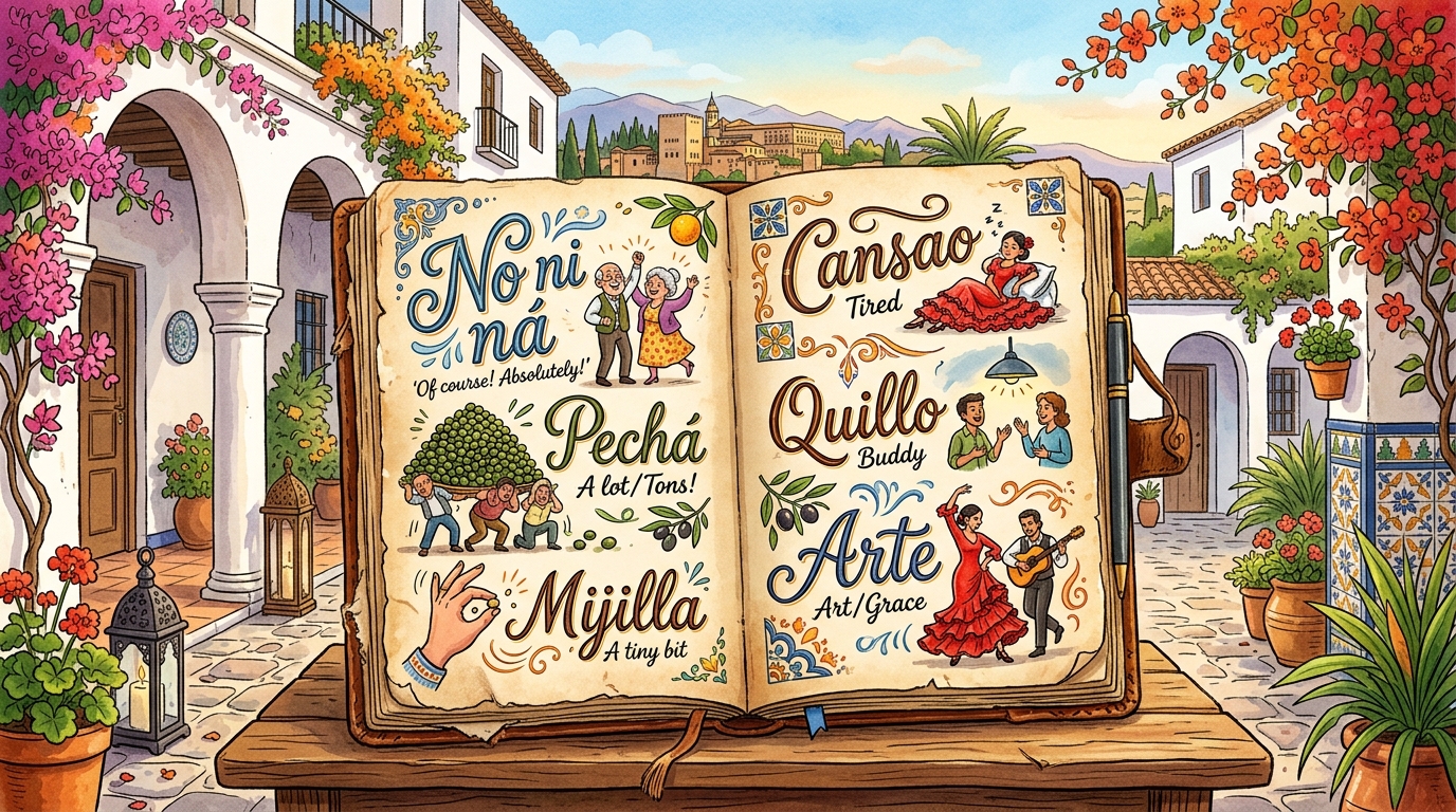 Libro ilustrado con términos del léxico andaluz tradicional como no ni ná, cansao, quillo y pechá en un patio andaluz con flores