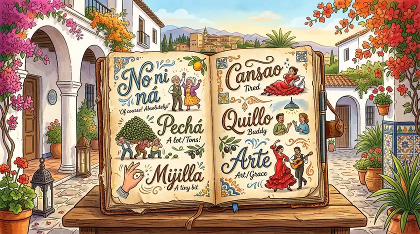Libro ilustrado con términos del léxico andaluz tradicional como no ni ná, cansao, quillo y pechá en un patio andaluz con flores