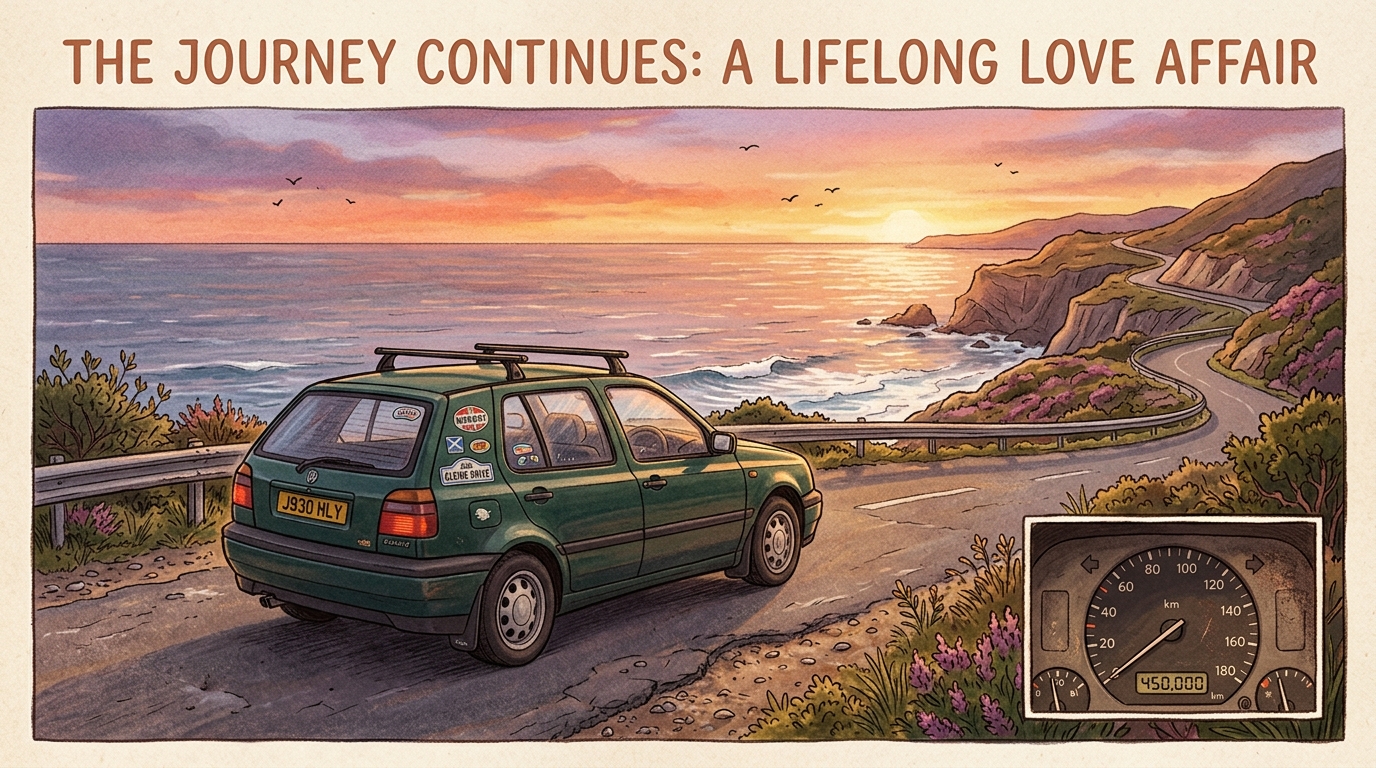 Coche clásico de los años 90 aparcado en una carretera panorámica frente al mar con el cuentakilómetros marcando 450.000 kilómetros