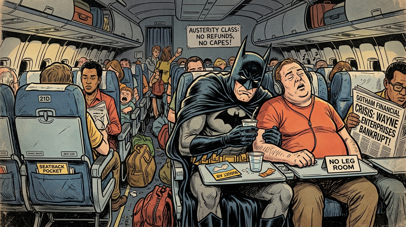 Ilustración satírica de Batman sentado con cara de frustración en un asiento estrecho de clase turista de un avión comercial en plena crisis económica