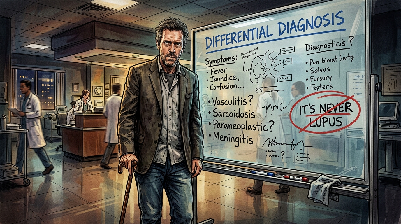 El doctor Gregory House en el hospital apoyado en su bastón frente a una pizarra donde se lee tachado IT'S NEVER LUPUS