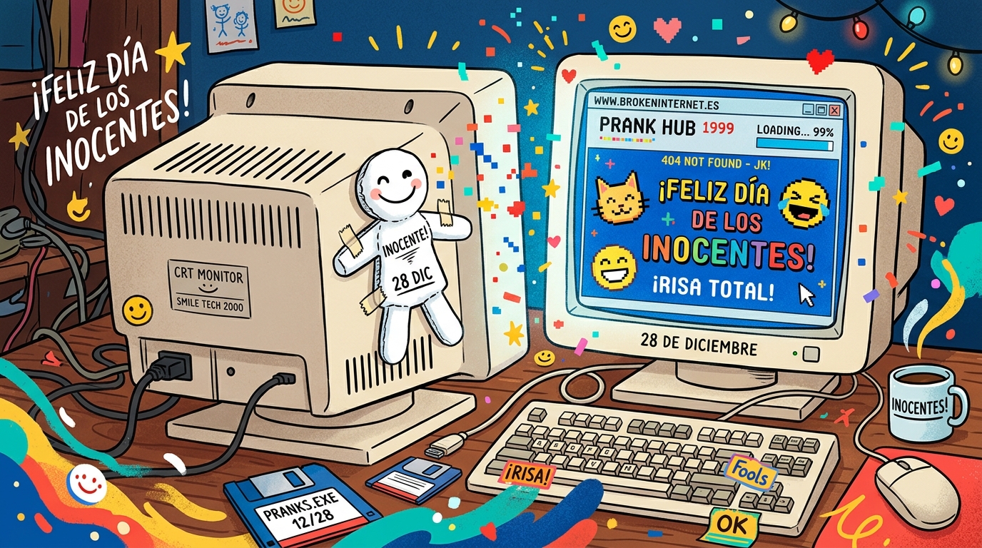 Monitor de ordenador vintage con el tradicional monigote blanco de papel pegado en el lateral celebrando el Día de los Santos Inocentes