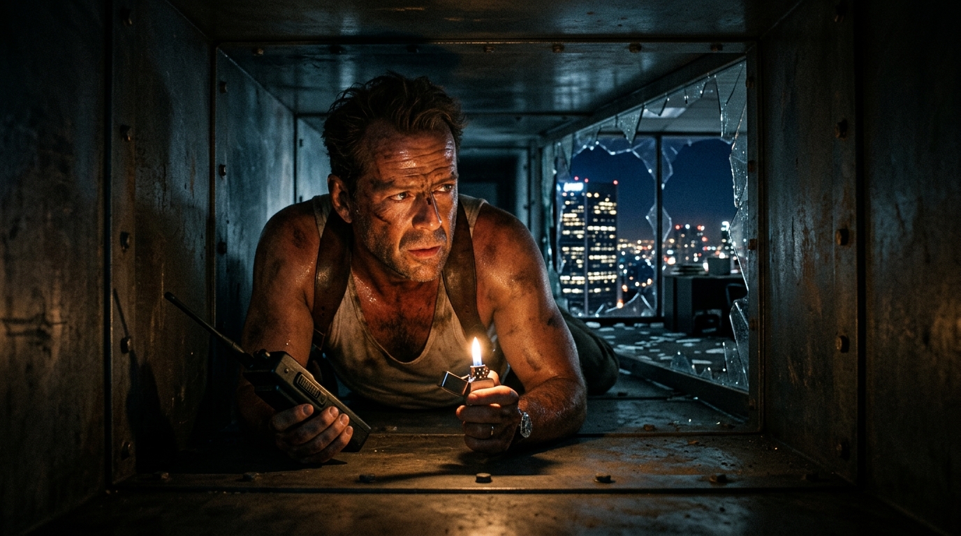 Bruce Willis como John McClane arrastrándose por los conductos de ventilación del Nakatomi Plaza en Jungla de Cristal