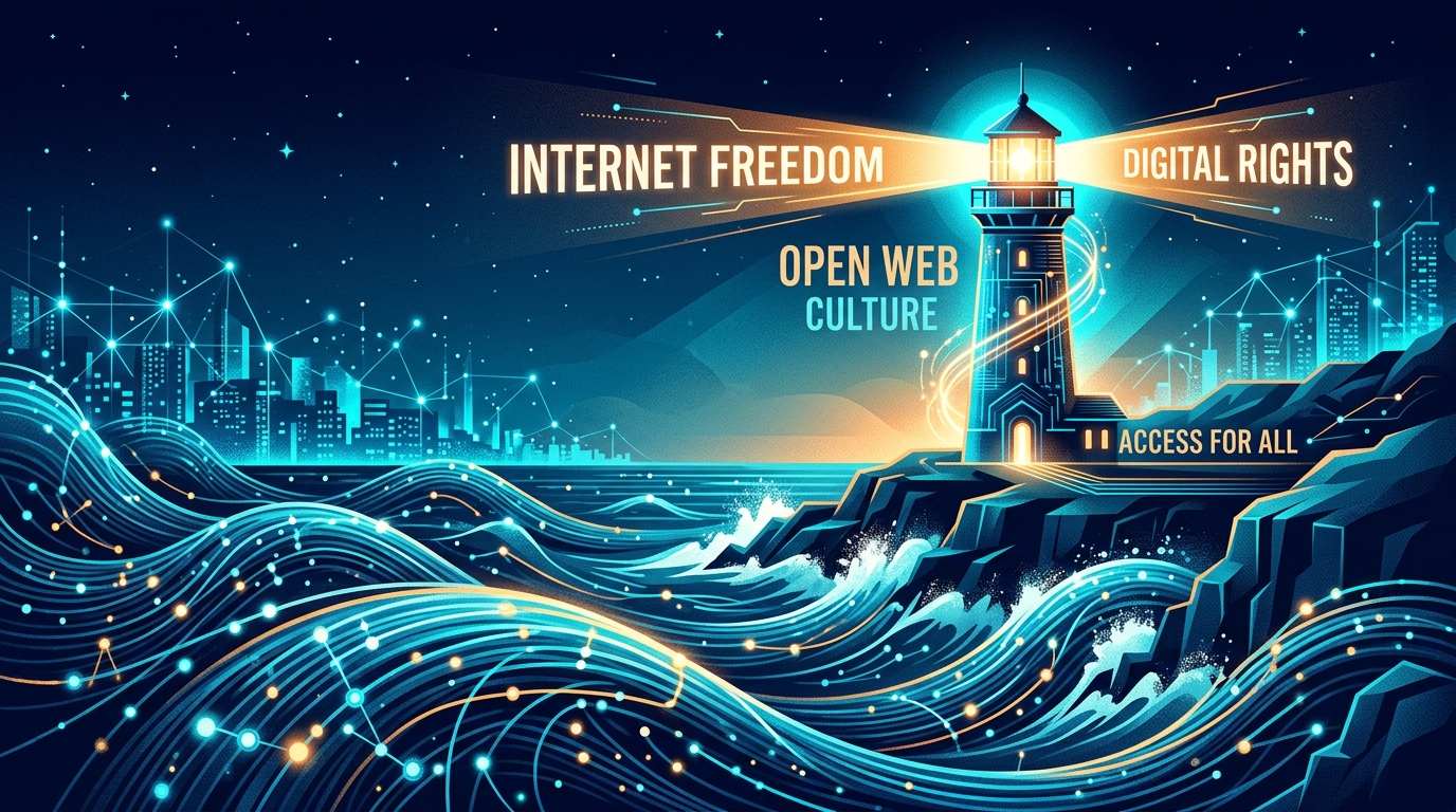 Ilustración editorial de un faro digital emitiendo luz sobre cables submarinos y nodos de red en defensa de las libertades civiles en internet