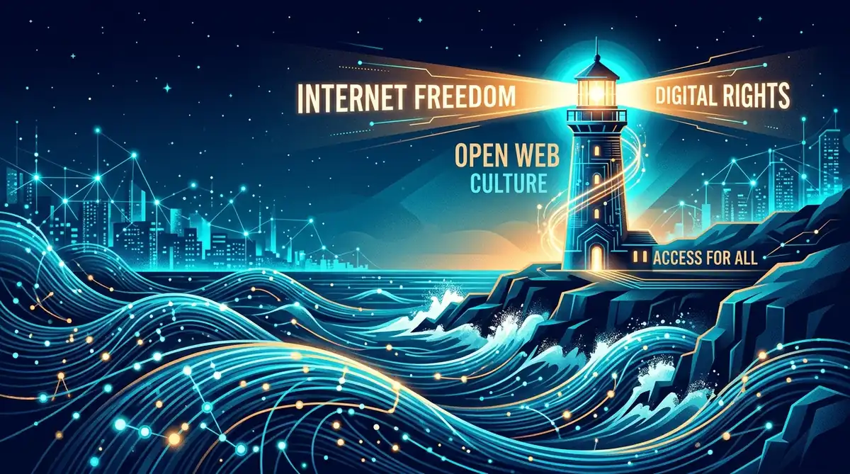 Ilustración editorial de un faro digital emitiendo luz sobre cables submarinos y nodos de red en defensa de las libertades civiles en internet