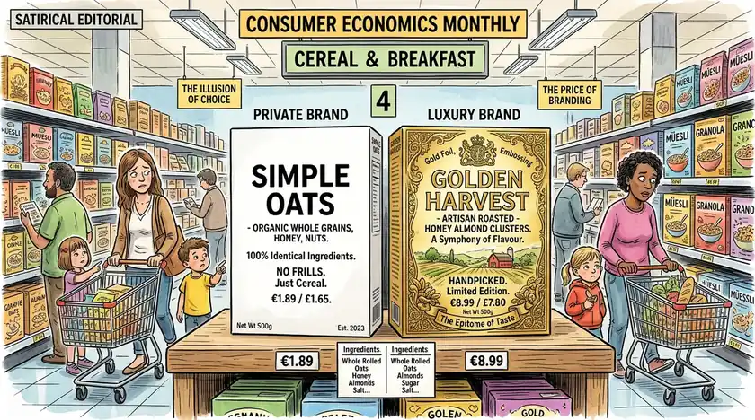 Ilustración editorial de un pasillo de supermercado comparando productos idénticos de marca blanca frente a caras marcas de lujo