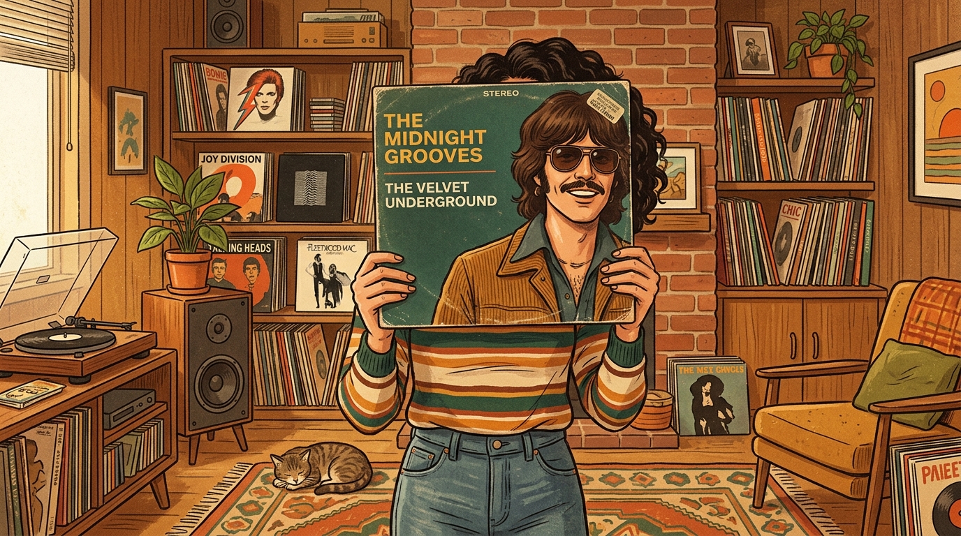 Fotografía creativa de sleevefacing con una persona encajando una portada de vinilo retro de música sobre su rostro en una sala de discos