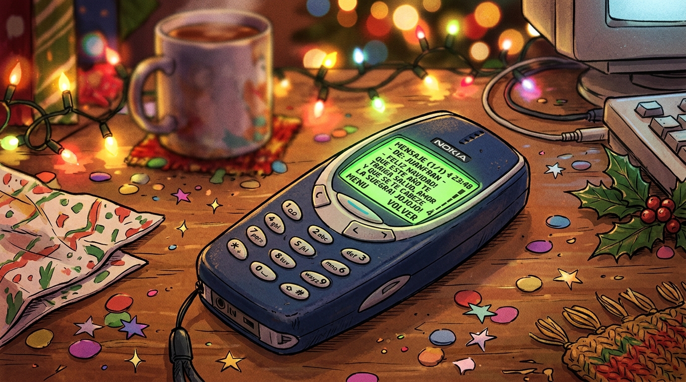 Teléfono móvil clásico tipo Nokia sobre un escritorio festivo de Navidad iluminado con un SMS en pantalla verde