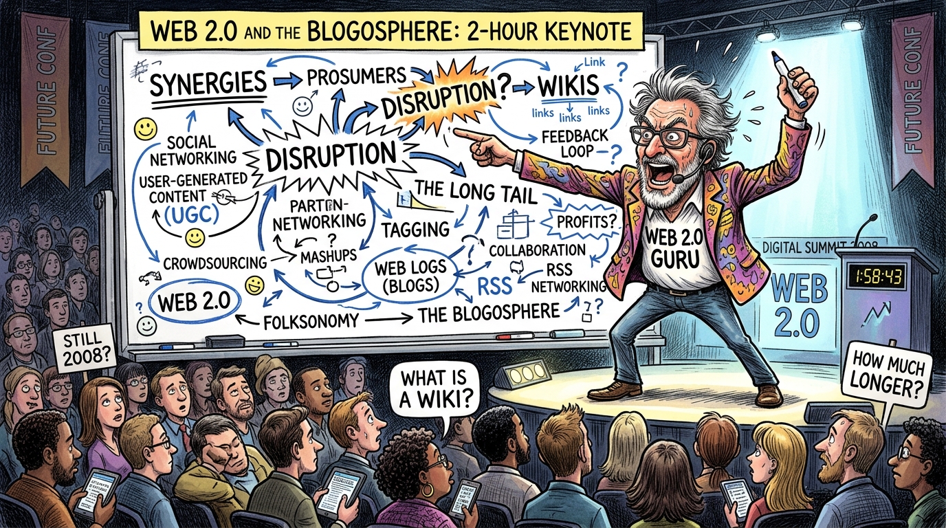 Caricatura de un gurú de la Web 2.0 señalando una pizarra repleta de flechas y palabras vacías como sinergias y prosumidores